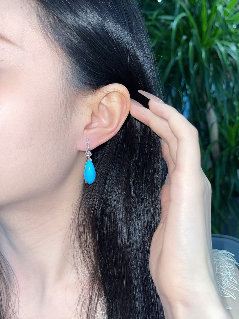 14k Gold 12.63 Ct Natural Blue Turquoise & Diamond Earrings - 6