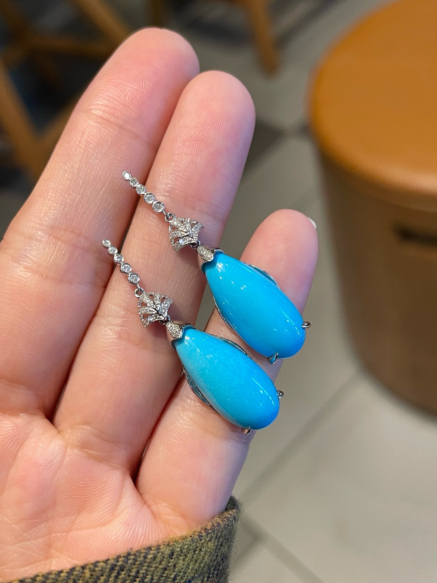 14k Gold 12.63 Ct Natural Blue Turquoise & Diamond Earrings - 7