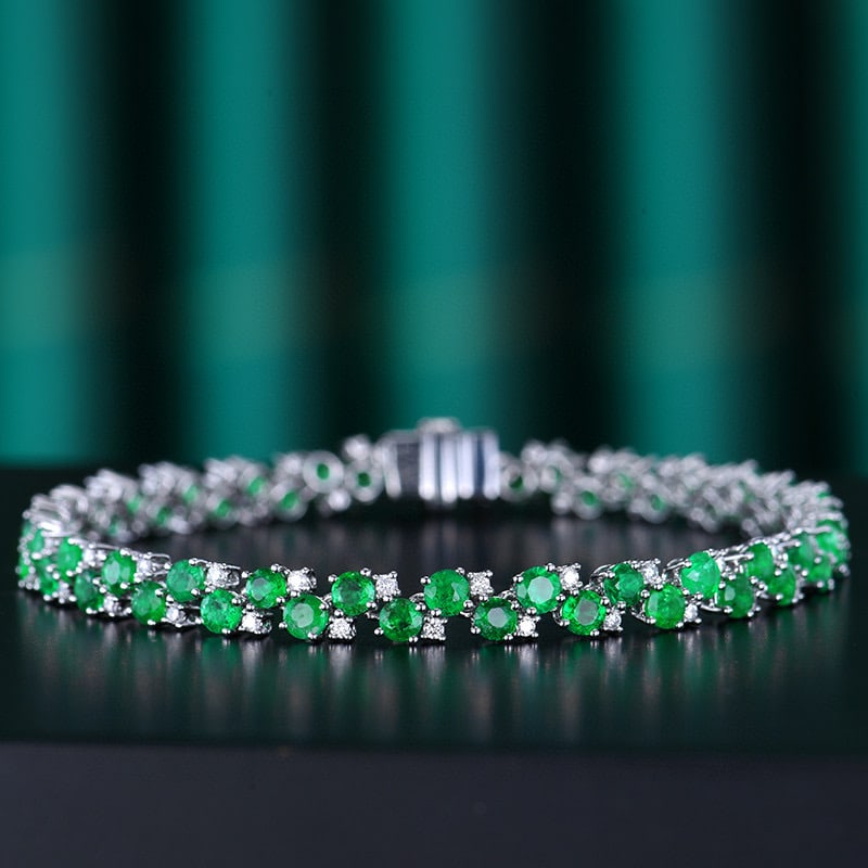 14k Gold 5.54 Ctw Vivid Green Natural Emerald & Diamond Bracelet: Ref:231082231 // gold content:14k gold // main gemstone:emerald // shape:round // carat weight:4. 96ct // color:vivid green // treatment:natural // cut grade:g // // adjacent gemstone 2 : diamond //