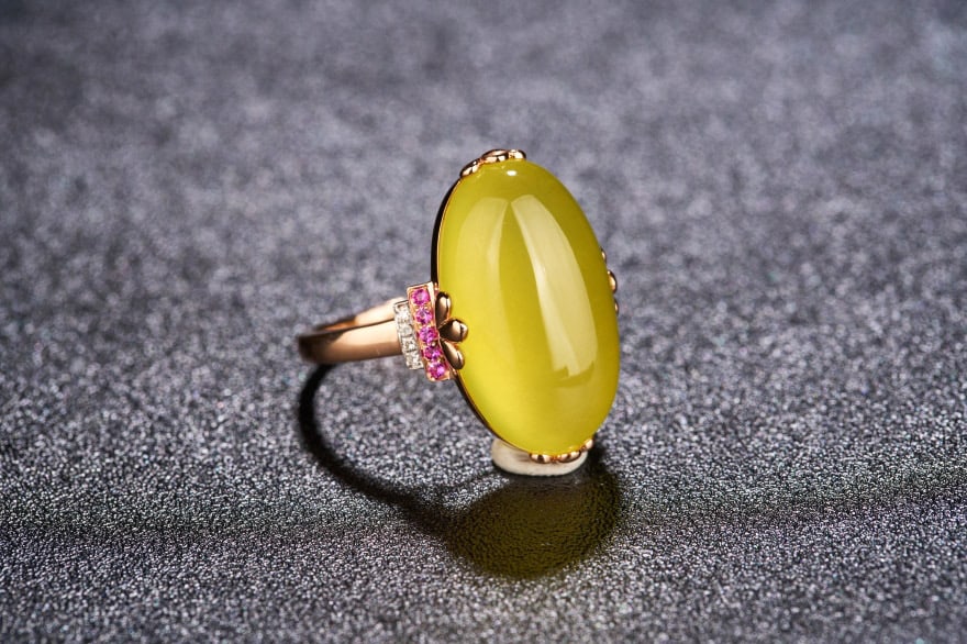 14k Gold 15.1 Ct Natural Prehnite & Diamond & Ruby Ring - 2