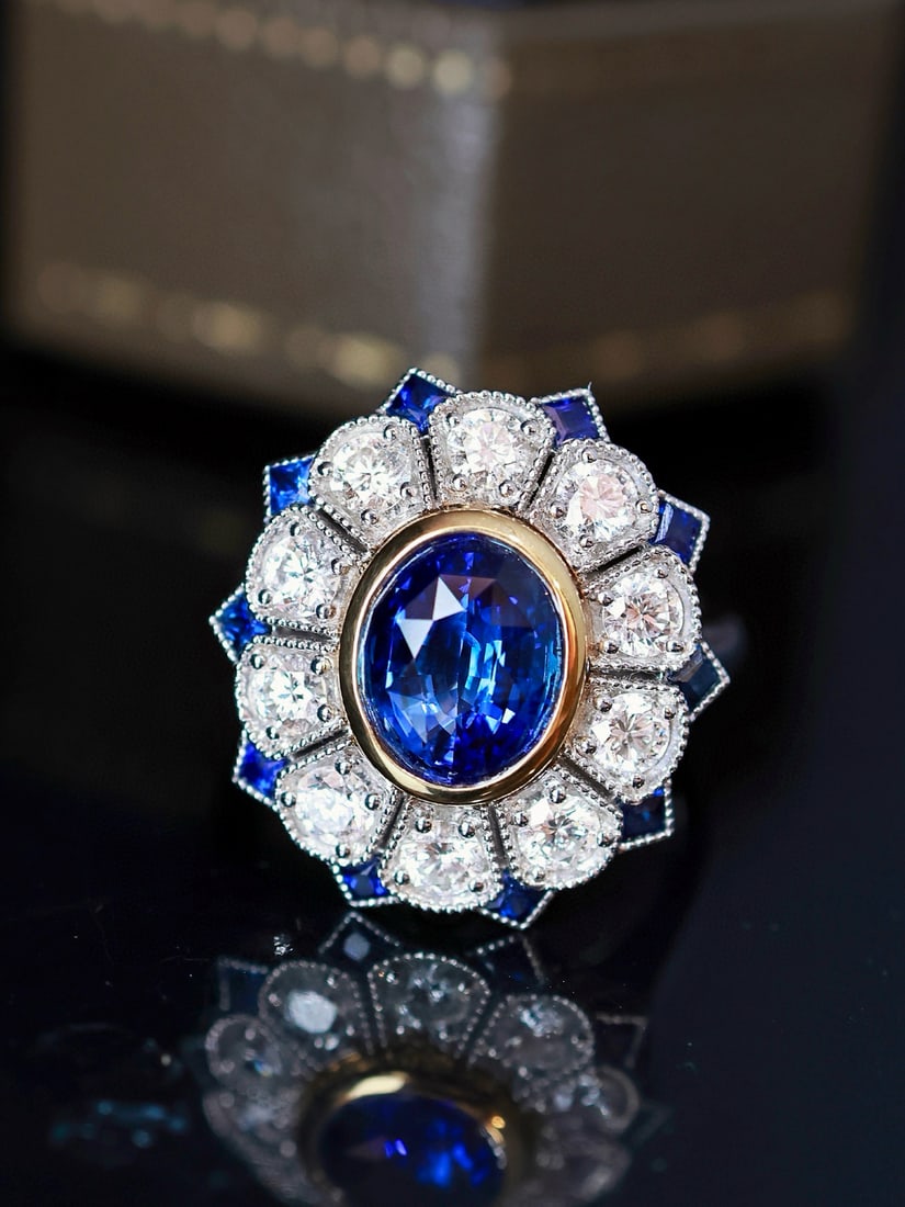 14k Gold 3.87 Ctw Natural Sapphire & Diamond Ring: Ref:231082235 // gold content:14k gold // ring size:7. 25us // // main gemstone:sapphire // shape:oval // carat weight:2. 67ct // color:royal blue // treatment:natural // // adjacent gemstone 2 :