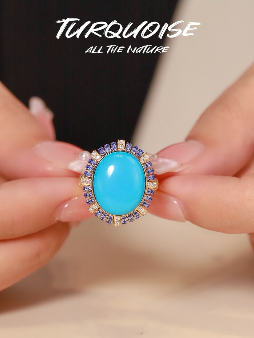14k Gold 7.33 Ctw Natural Blue Turquoise & Diamond Ring: Ref:231082241 // gold content:14k gold // ring size:7. 25us // // main gemstone:blue turquoise // shape:oval // carat weight:7. 03ct // color:blue // treatment:natural // // adjacent gemstone 2 :