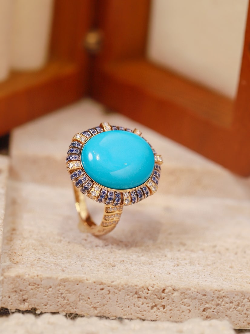 14k Gold 7.33 Ctw Natural Blue Turquoise & Diamond Ring - 6