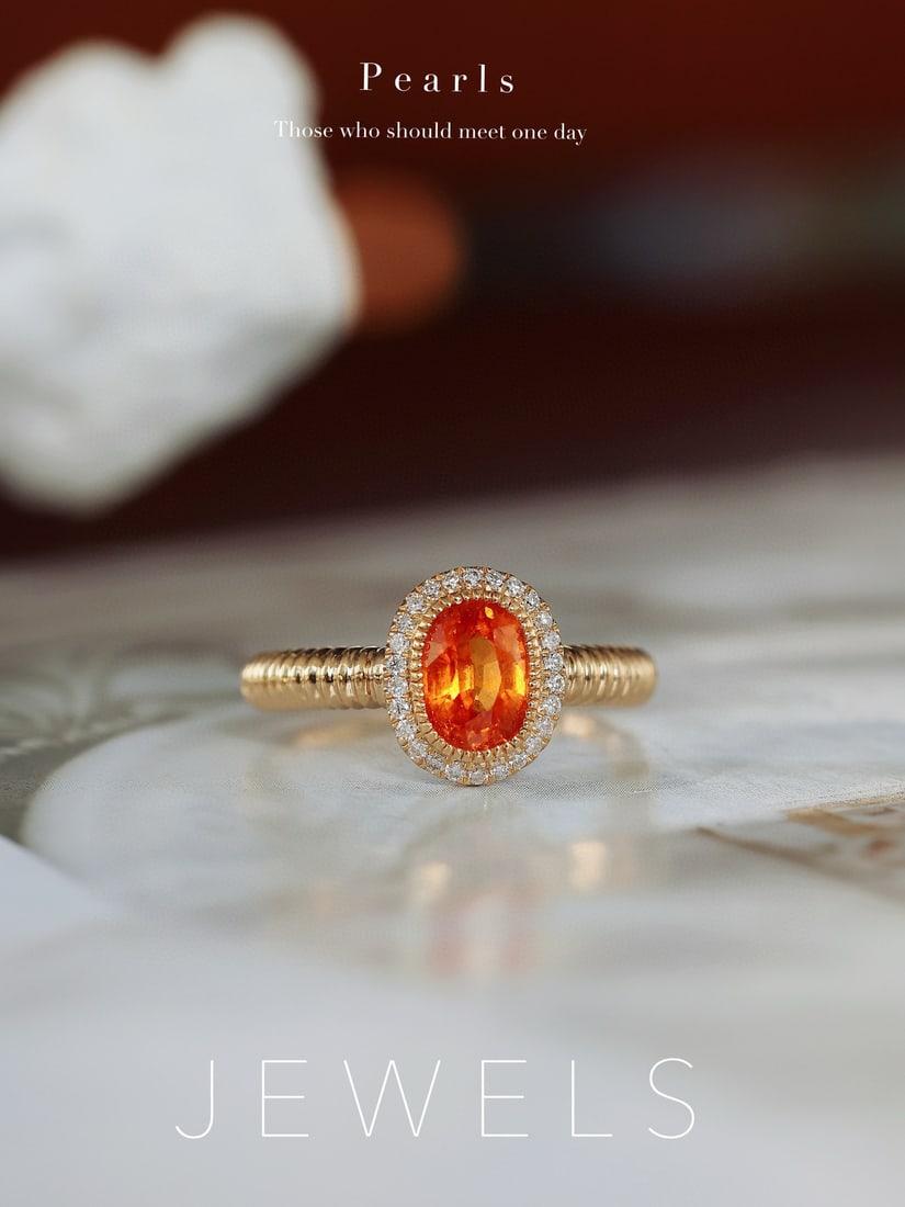 14k Gold 1.52 Ctw Natural Spessartine & Diamond Ring: Ref:231082243 // gold content:14k gold // ring size:7. 25us // // main gemstone:spessartine // shape:oval // carat weight:1. 41ct // color:orange // treatment:natural // // adjacent gemstone 2 :