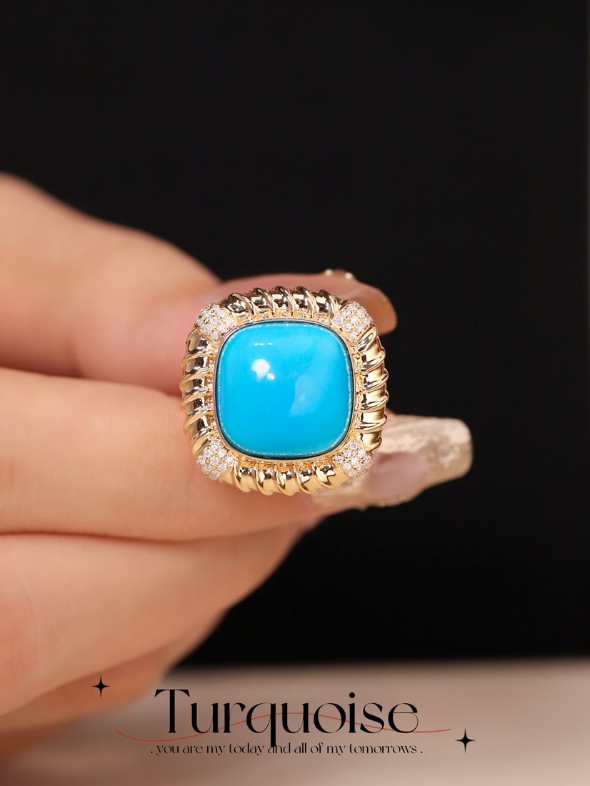 14k Gold 11.63 Ctw Natural Blue Turquoise & Diamond Ring: Ref:231082246 // gold content:14k gold // ring size:7. 25us // // main gemstone:blue turquoise // shape:cushion // carat weight:11. 46ct // color:blue // treatment:natural // // adjacent gemstone 2 :