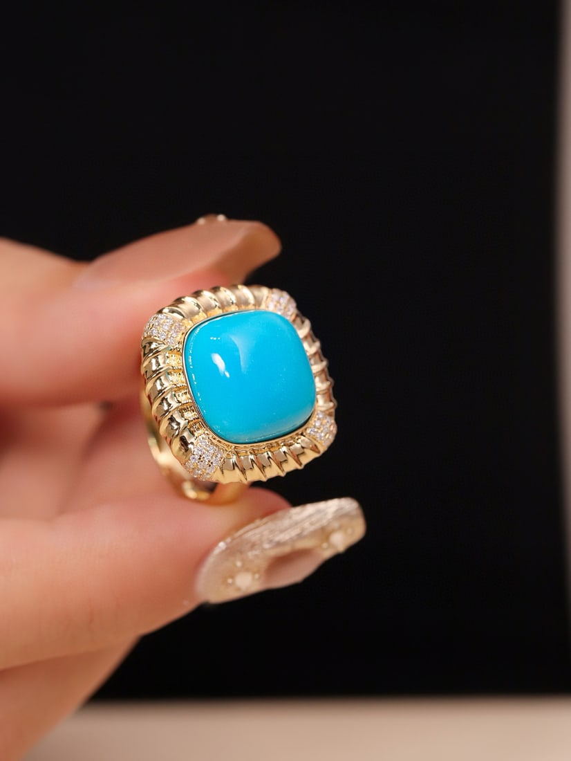 14k Gold 11.63 Ctw Natural Blue Turquoise & Diamond Ring - 3