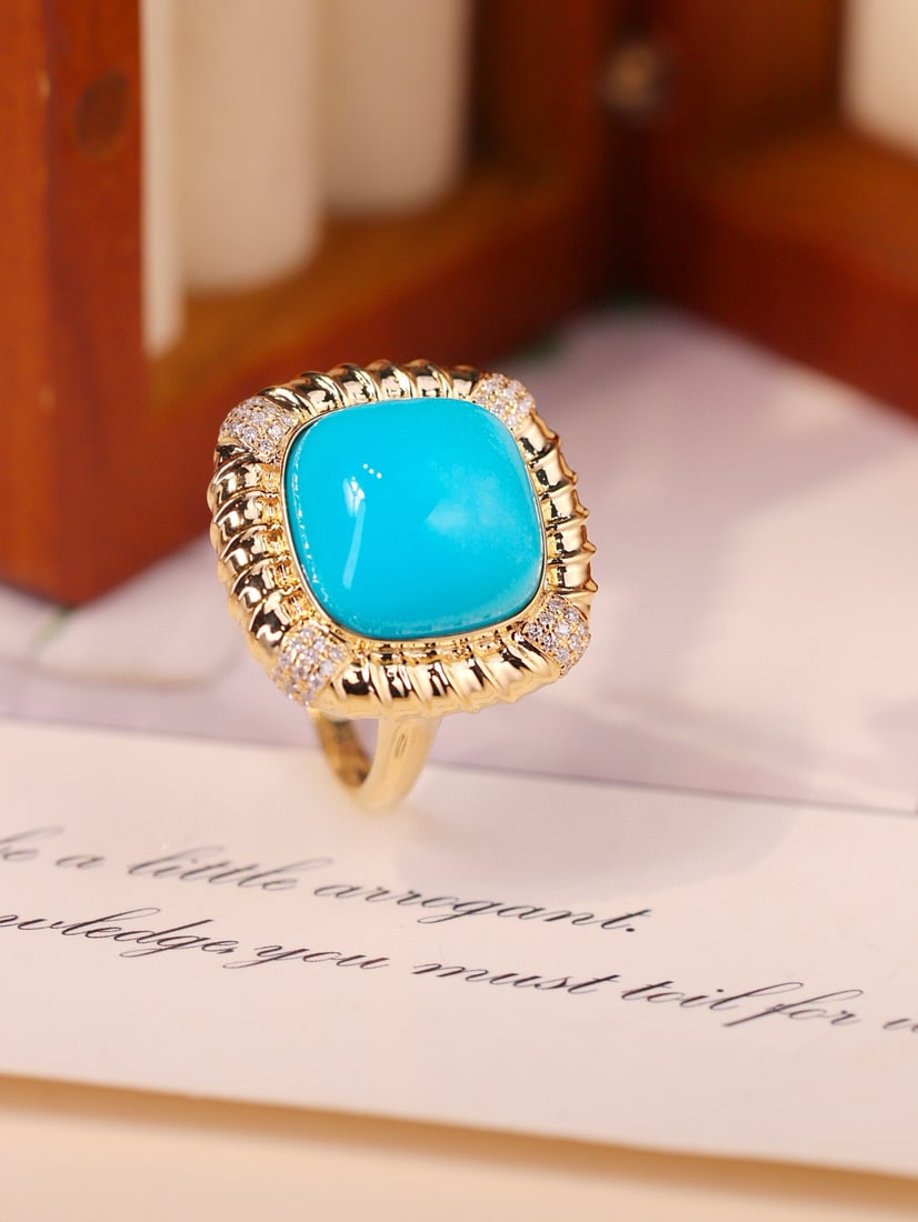 14k Gold 11.63 Ctw Natural Blue Turquoise & Diamond Ring - 4