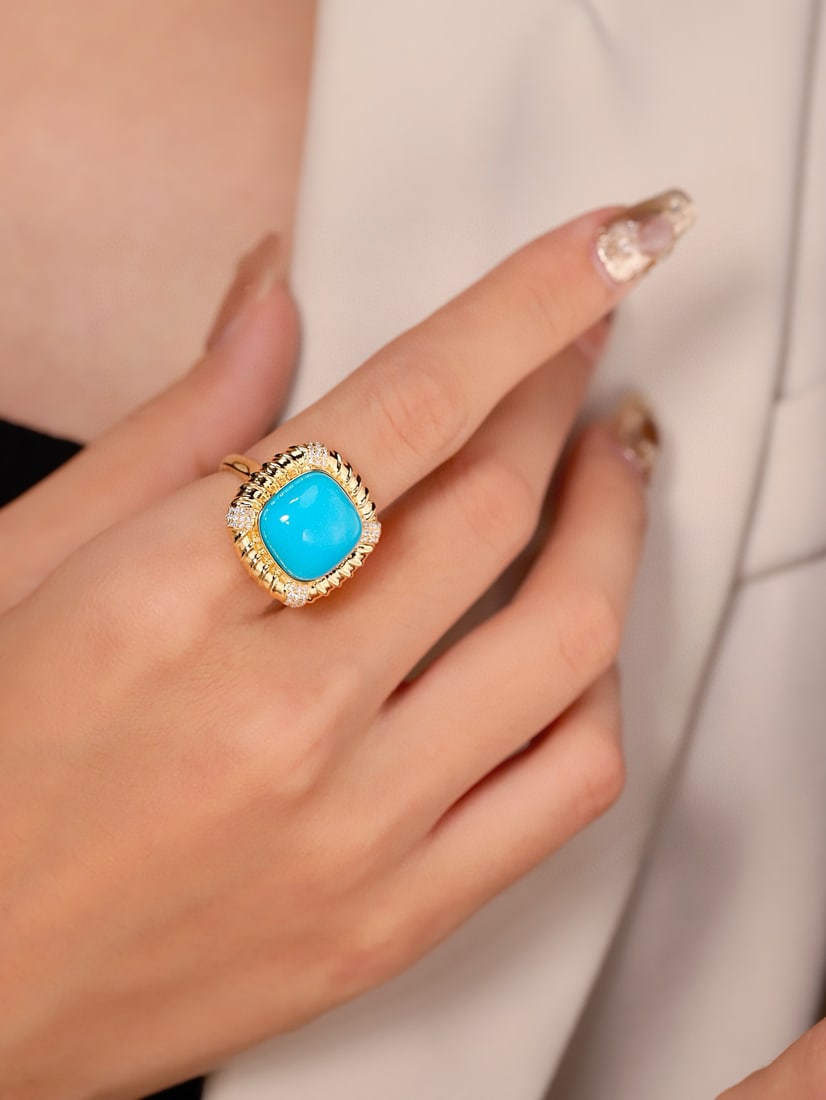 14k Gold 11.63 Ctw Natural Blue Turquoise & Diamond Ring - 5