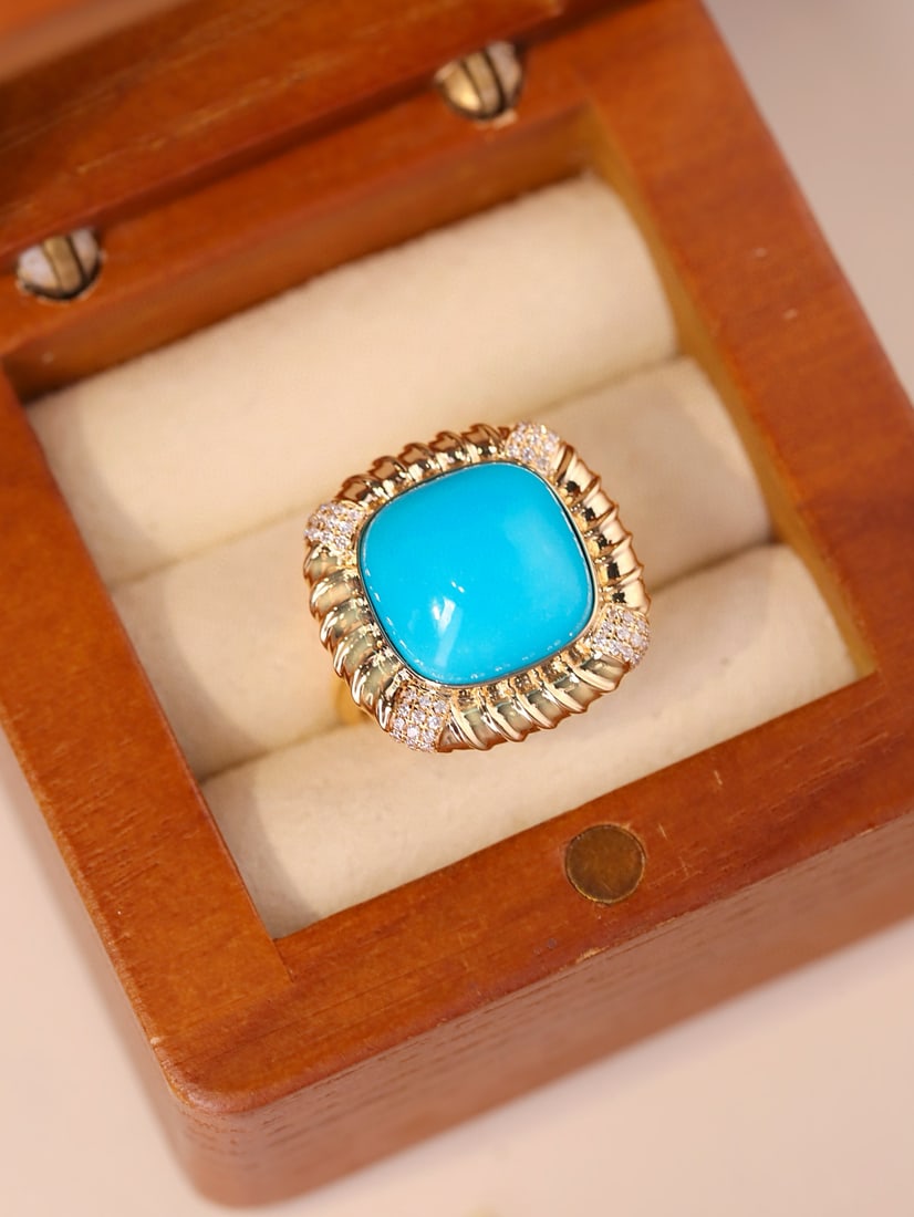 14k Gold 11.63 Ctw Natural Blue Turquoise & Diamond Ring - 6