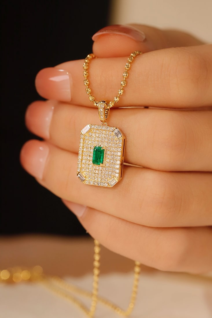 14k Gold 0.93 Ctw Vivid Green Natural Emerald & Diamond Pendant( Without Chain ) - 2