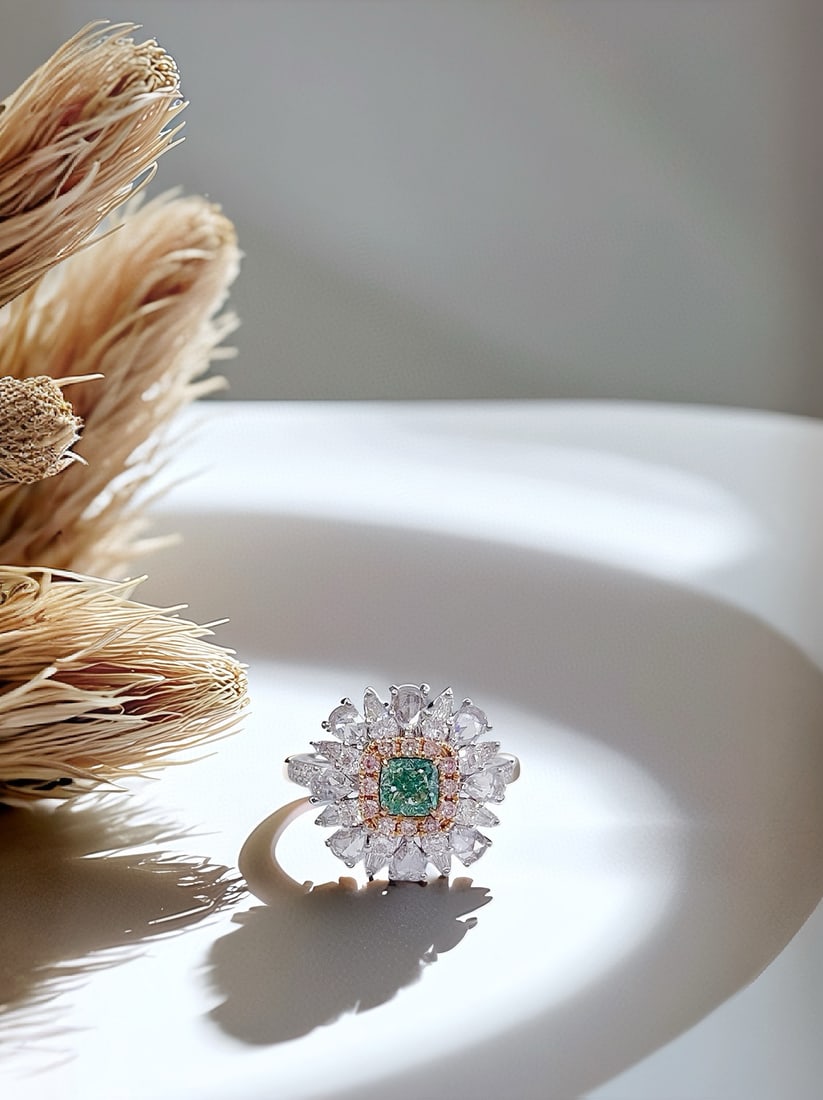 14k Gold 2.01 Ctw Natural Green Diamond & Diamond Ring/pendant( Without Chain ): Ref:231082267 // gold content:14k gold // ring size:7. 25us // // main gemstone:green diamond // shape:cushion // carat weight:0. 66ct // color:green // treatment:natural // // adjacent gemstone 2 :