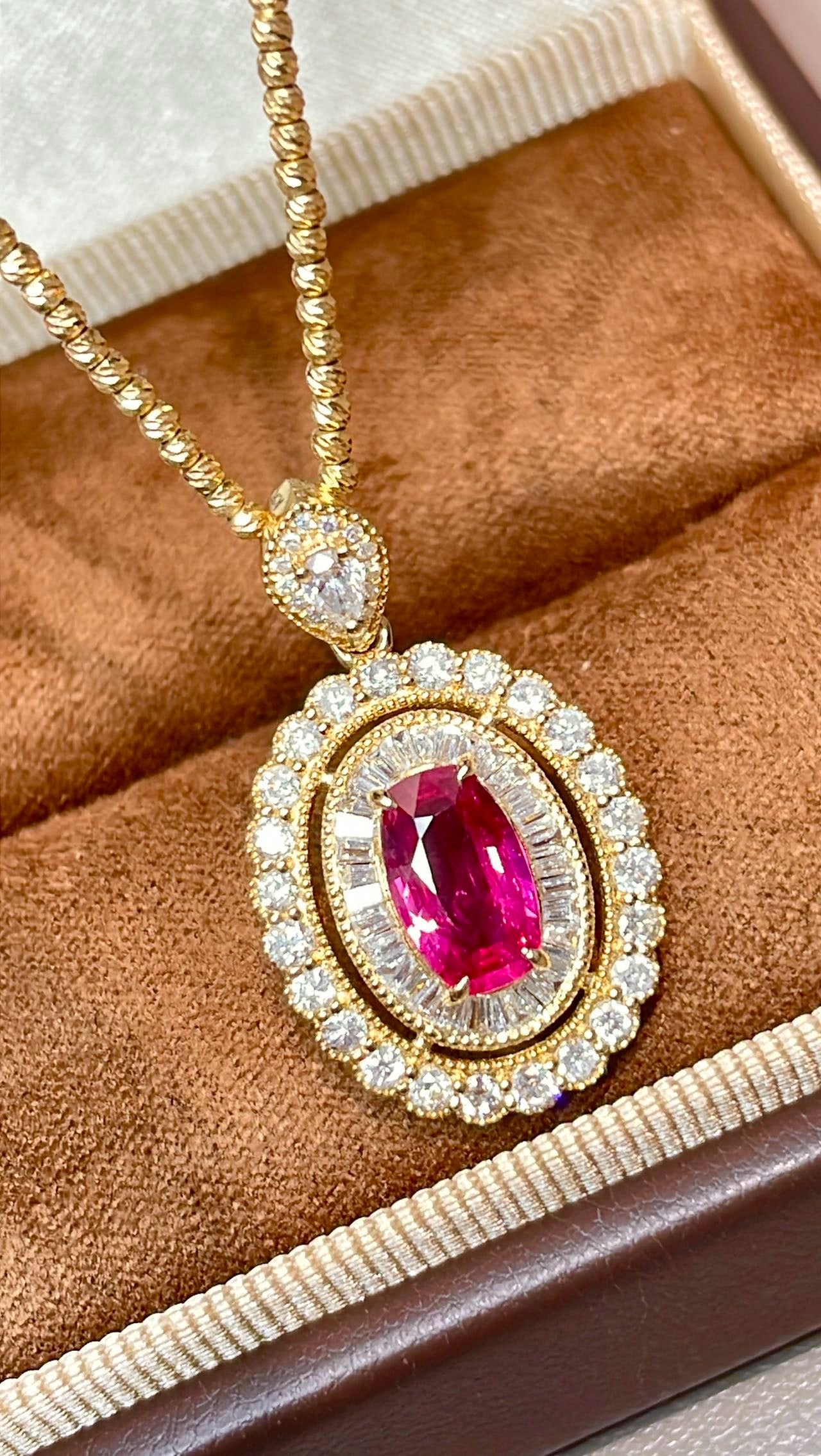 14k Gold 2.20 Ctw Natural Ruby & Diamond Pendant( Without Chain ): Ref:231082273 // gold content:14k gold // main gemstone:ruby // shape:cushion // carat weight:1. 25ct // color:red // treatment:natural // // adjacent gemstone 2 : diamond // shape:multiple // carat