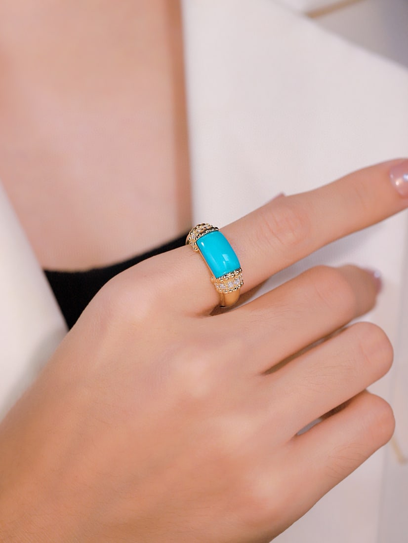 14k Gold 3.28 Ctw Natural Blue Turquoise & Diamond Ring - 2