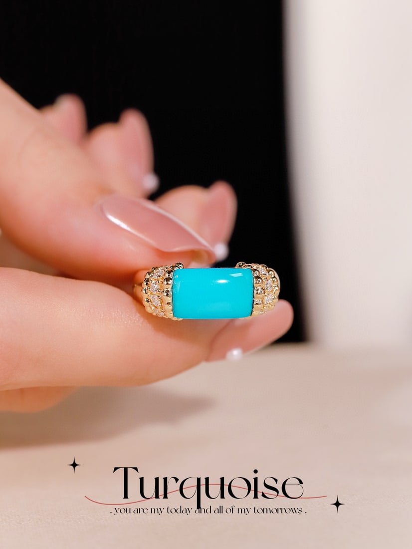 14k Gold 3.28 Ctw Natural Blue Turquoise & Diamond Ring - 4