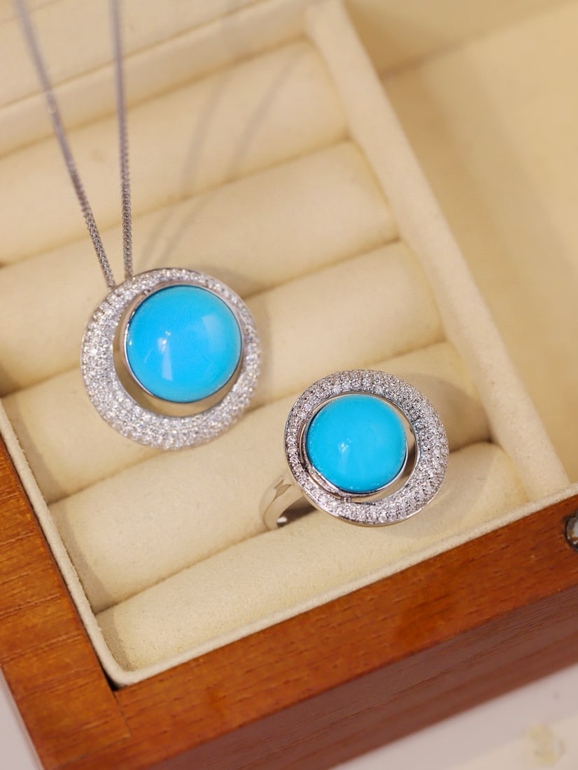14k Gold 13.54 Ctw Natural Blue Turquoise & Diamond Jewelry Set - 6