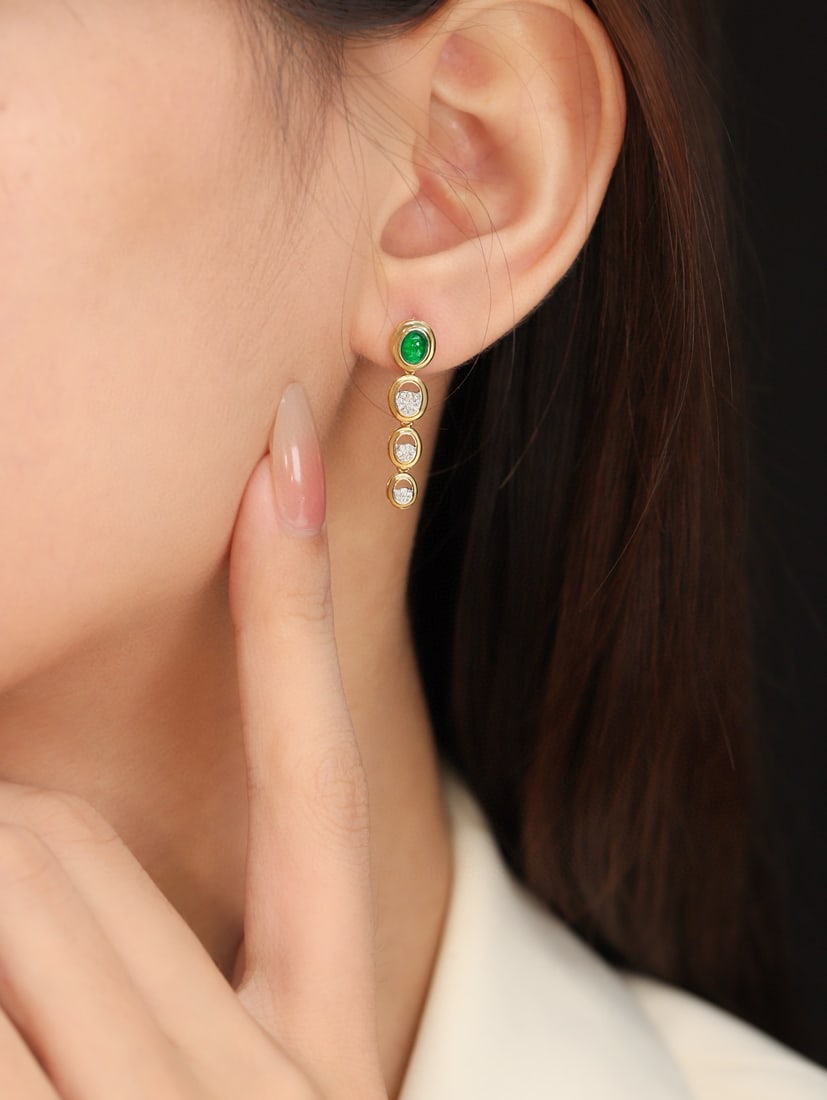 14k Gold 0.61 Ctw Vivid Green Natural Emerald & Diamond Earrings - 2