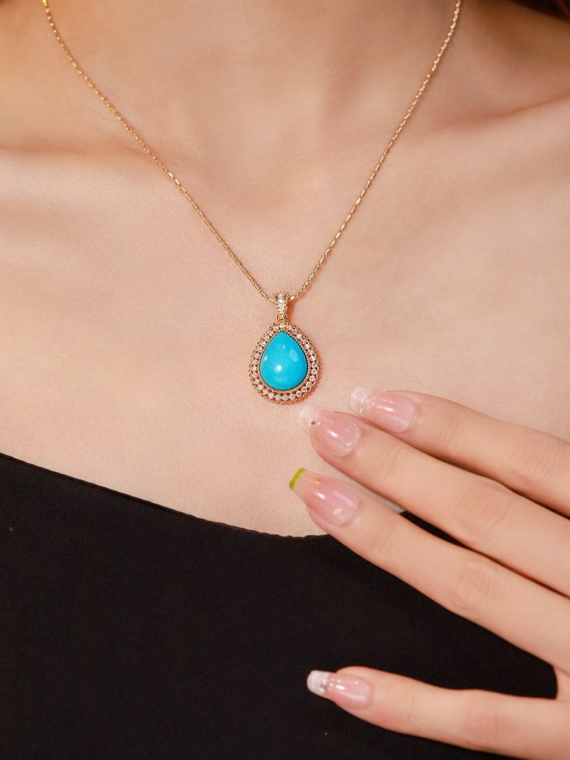 14k Gold 7.83 Ctw Natural Blue Turquoise & Diamond Pendant( Without Chain ) - 2