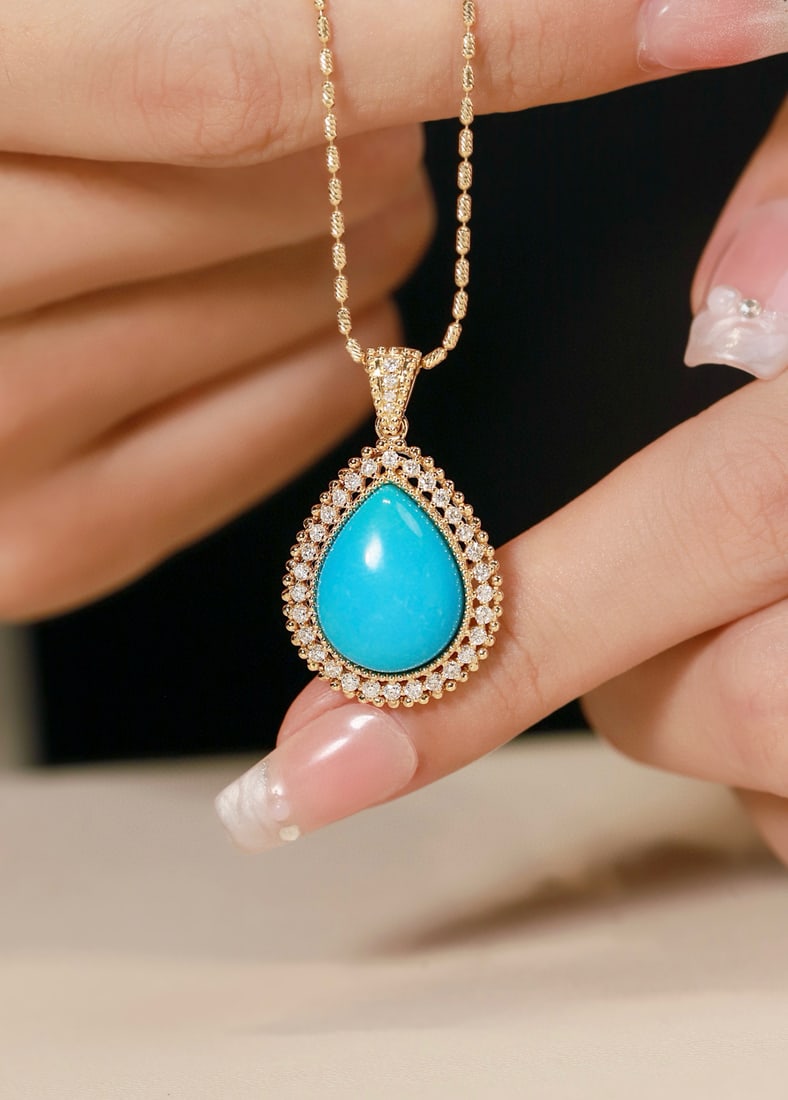 14k Gold 7.83 Ctw Natural Blue Turquoise & Diamond Pendant( Without Chain ) - 3