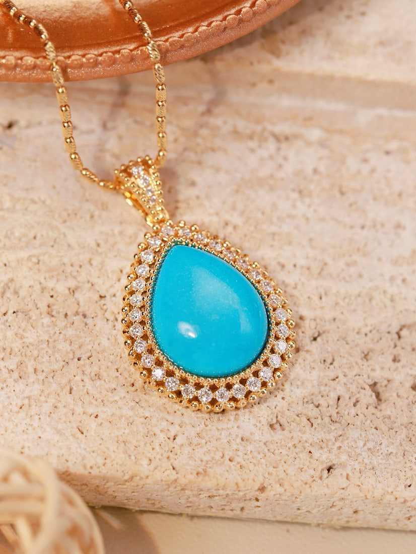 14k Gold 7.83 Ctw Natural Blue Turquoise & Diamond Pendant( Without Chain ) - 4