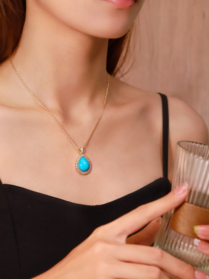 14k Gold 7.83 Ctw Natural Blue Turquoise & Diamond Pendant( Without Chain ) - 5