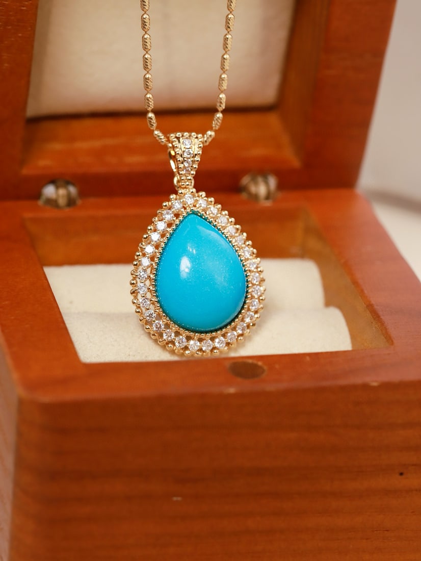 14k Gold 7.83 Ctw Natural Blue Turquoise & Diamond Pendant( Without Chain ) - 6