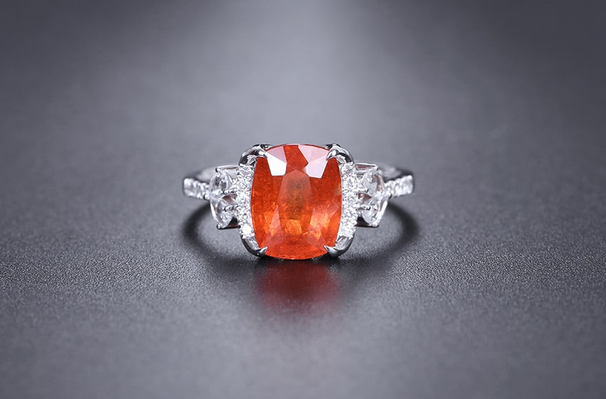 14k Gold 4.39 Ctw Natural Spessartine & Diamond Ring: Ref:231082296 // gold content:14k gold // ring size:7. 25us // // main gemstone:spessartine // shape:cushion // carat weight:4. 11ct // color:orange // treatment:natural // // adjacent gemstone 2 :