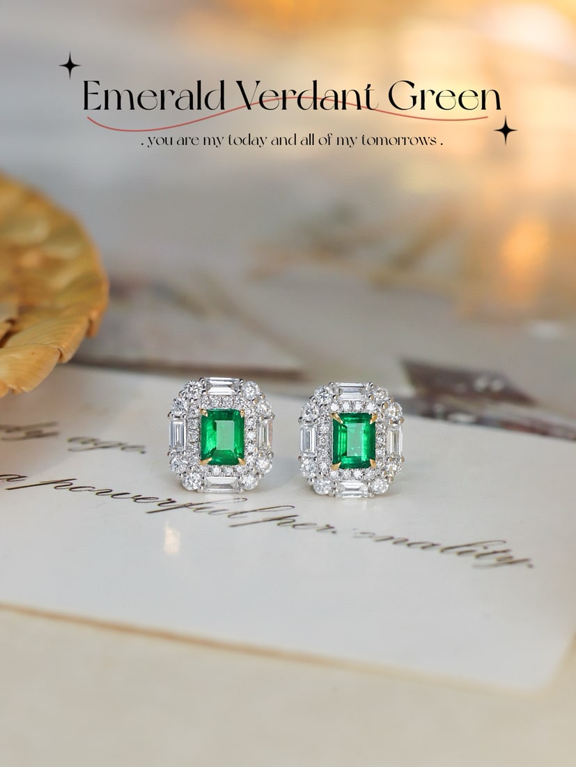 14k Gold 1.24 Ctw Vivid Green Natural Emerald & Diamond Earrings: Ref:231082322 // gold content:14k gold // main gemstone:emerald // shape:octagonal // carat weight:0. 62ct // color:vivid green // treatment:natural // // adjacent gemstone 2 : diamond //
