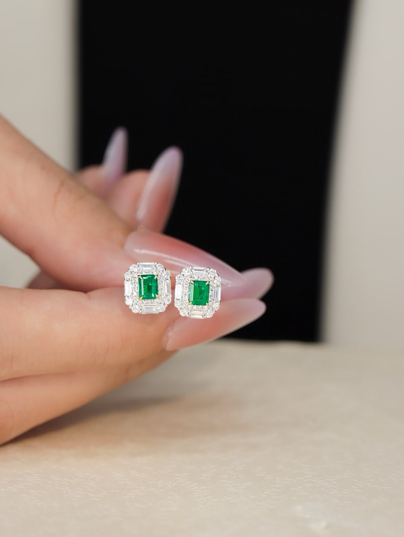 14k Gold 1.24 Ctw Vivid Green Natural Emerald & Diamond Earrings - 6