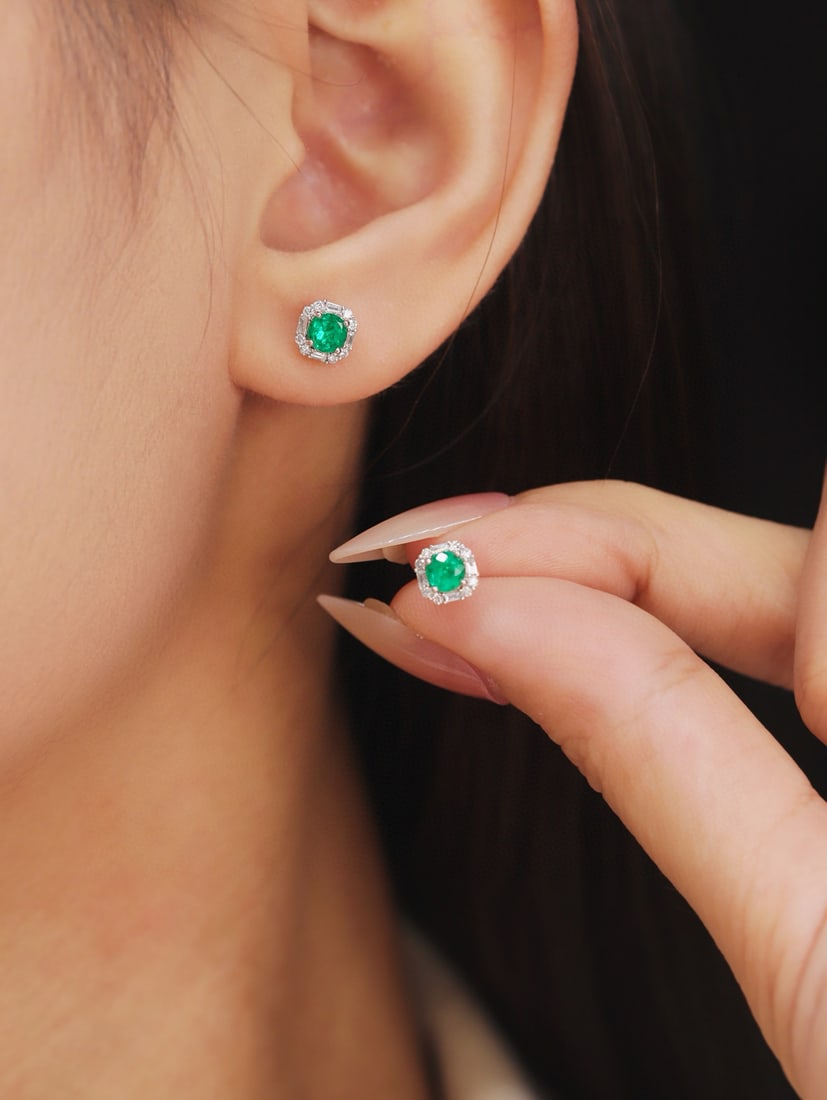 14k Gold 0.65 Ctw Vivid Green Natural Emerald & Diamond Earrings - 2