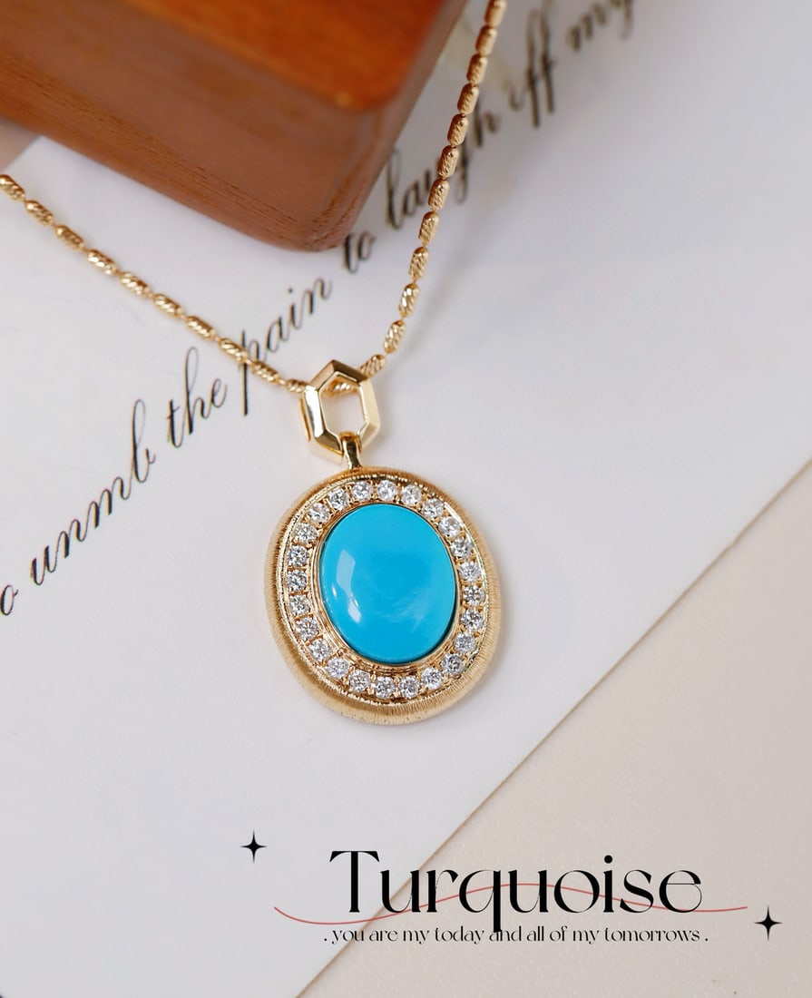14k Gold 2.67 Ctw Natural Blue Turquoise & Diamond Pendant( Without Chain ): Ref:231082324 // gold content:14k gold // main gemstone:blue turquoise // shape:oval // carat weight:2. 3ct // color:blue // treatment:natural // // adjacent gemstone 2 : diamond // shape:round //
