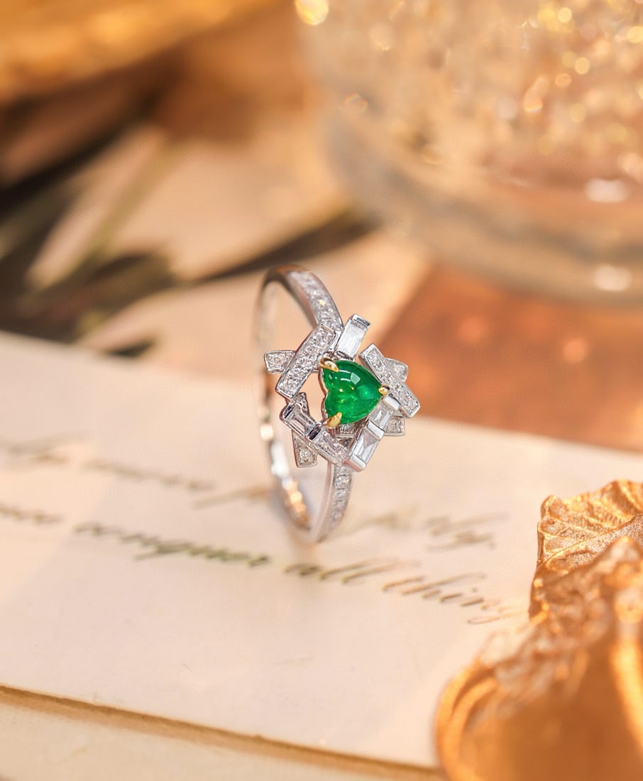 14k Gold 0.55 Ctw Vivid Green Natural Emerald & Diamond Ring: Ref:231082325 // gold content:14k gold // ring size:7. 25us // // main gemstone:emerald // shape:heart // carat weight:0. 35ct // color:vivid green // treatment:natural // // adjacent gemstone 2 :