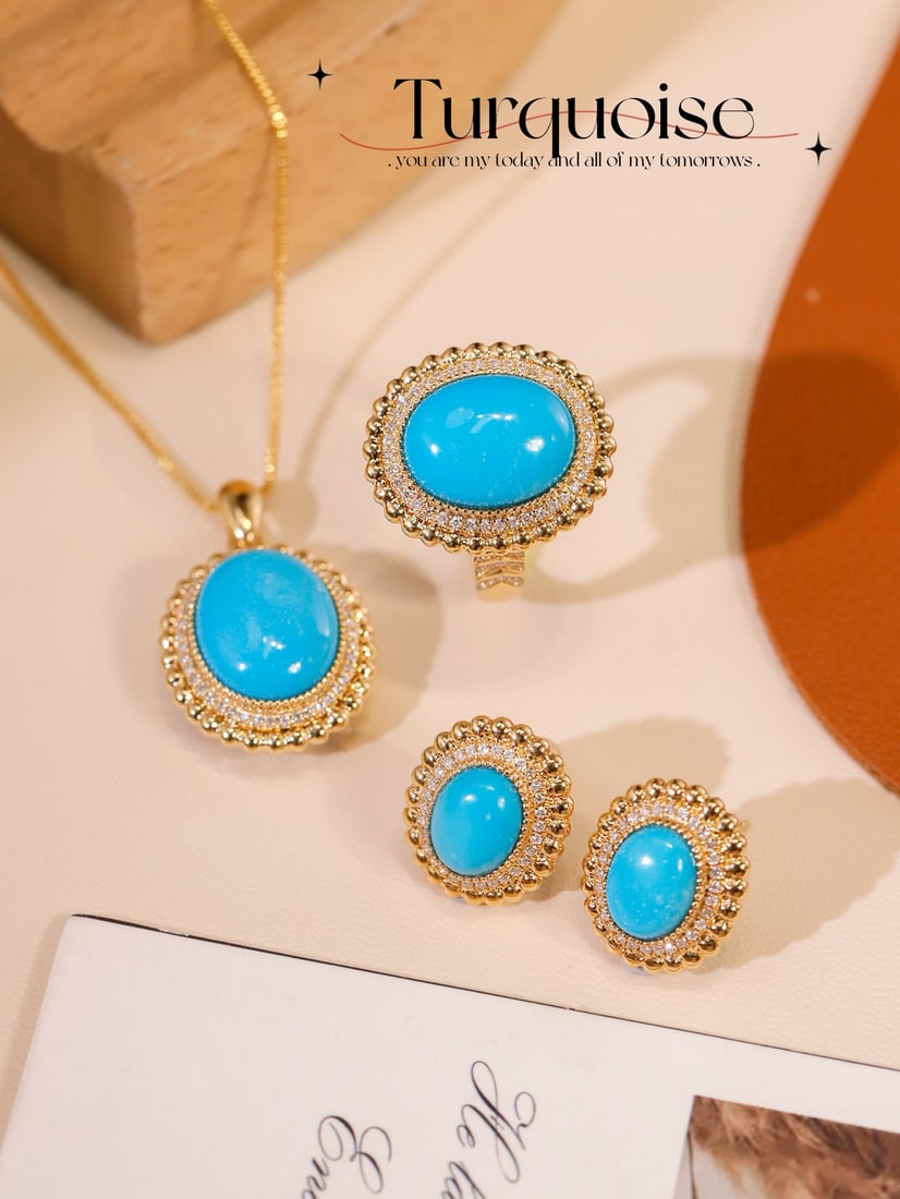 14k Gold 15.33 Ctw Natural Blue Turquoise & Diamond Jewelry Set: Ref:231082330 // gold content:14k gold // ring size:7. 25us // // pendant(without chain) // main gemstone:blue turquoise // shape:oval // carat weight:5. 56ct // color:blue // treatment:natural // //