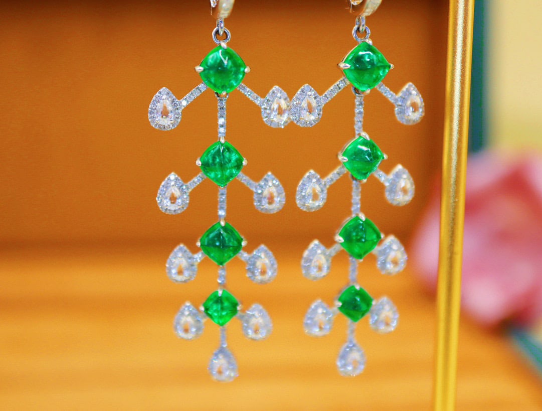 14k Gold 5.55 Ctw Vivid Green Natural Emerald & Diamond Earrings - 2