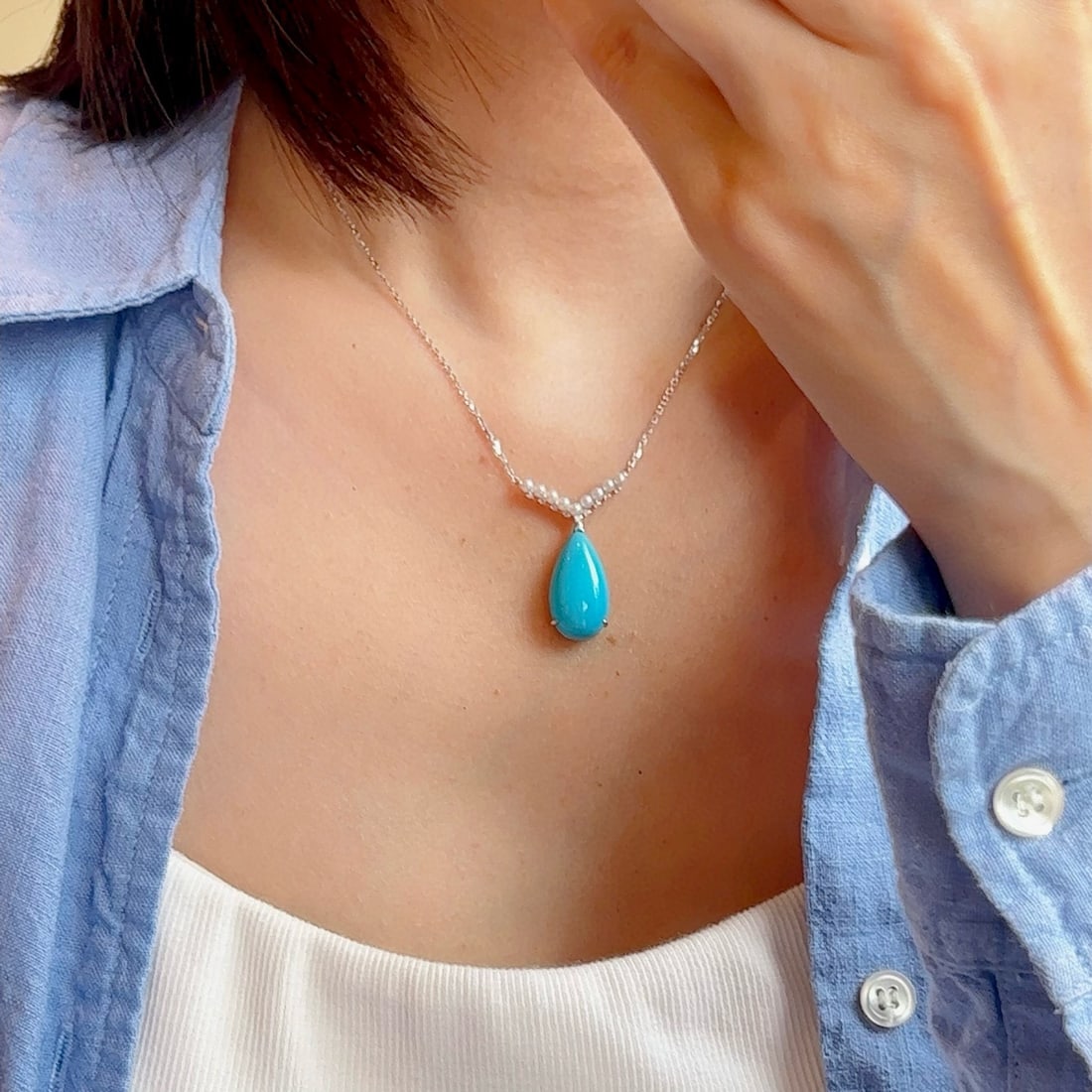 14k Gold 7.72 Ctw Natural Blue Turquoise & Diamond Necklace - 2