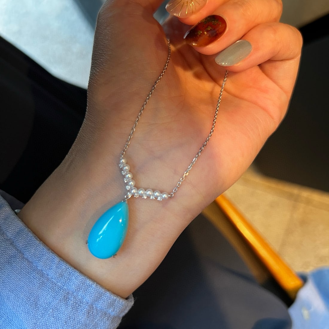 14k Gold 7.72 Ctw Natural Blue Turquoise & Diamond Necklace - 3