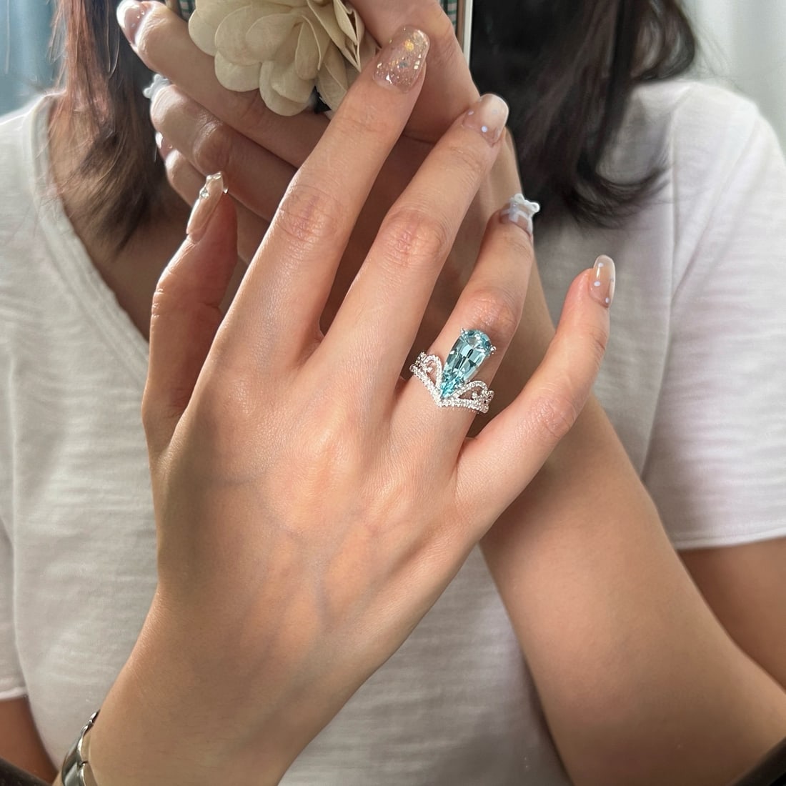 14k Gold 4.09 Ctw Natural Aquamarine & Lab Grown Diamond Ring - 4