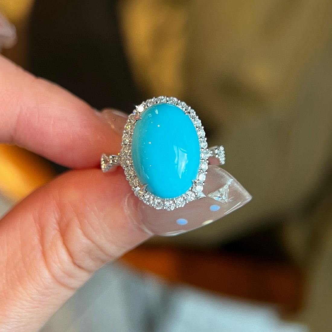 14k Gold 5.27 Ctw Natural Blue Turquoise & Lab Grown Diamond Ring: Ref:231082391 // gold content:14k gold // ring size:7. 25us // // main gemstone:blue turquoise // shape:oval // carat weight:4. 85ct // color:blue // treatment:natural // // adjacent gemstone 2 : lab