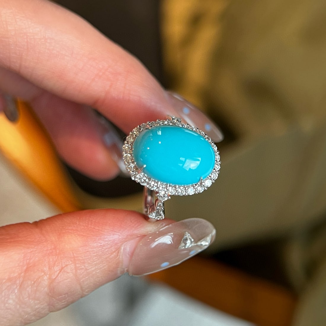 14k Gold 5.27 Ctw Natural Blue Turquoise & Lab Grown Diamond Ring - 2