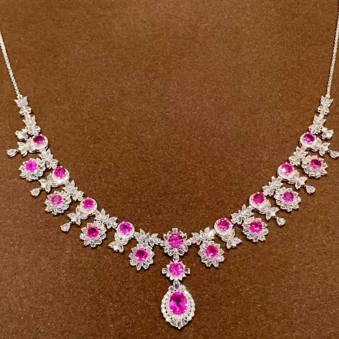 14k Gold 6.8 Ct Natural Ruby & Diamond & Sapphire Necklace: Ref:231081006 // gold content:14k gold // main gemstone:ruby // shape:multiple // carat weight:6. 8ct // color:red // treatment:natural // // adjacent gemstone 2 : diamond // shape:round // clarity
