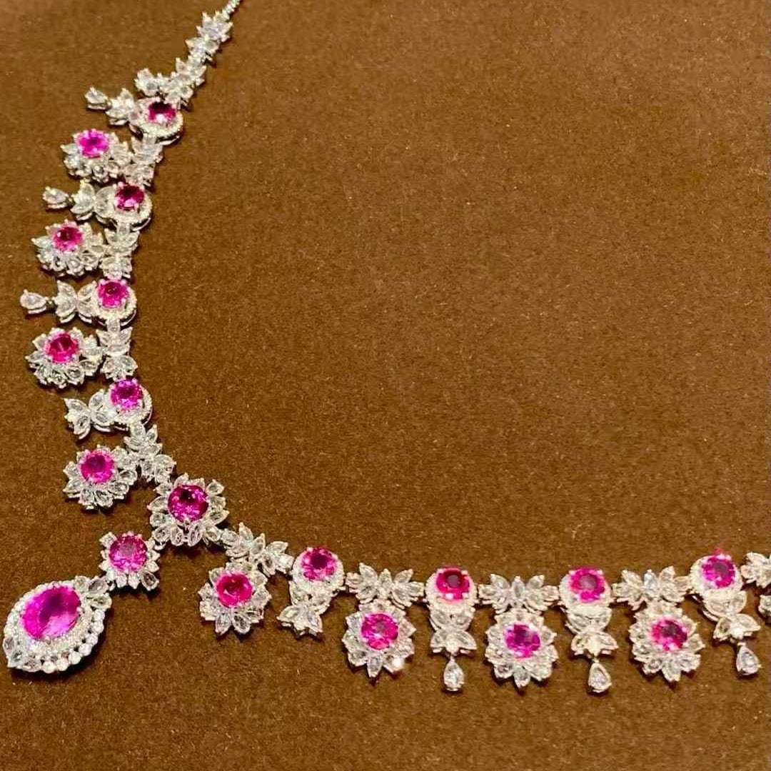 14k Gold 6.8 Ct Natural Ruby & Diamond & Sapphire Necklace - 2
