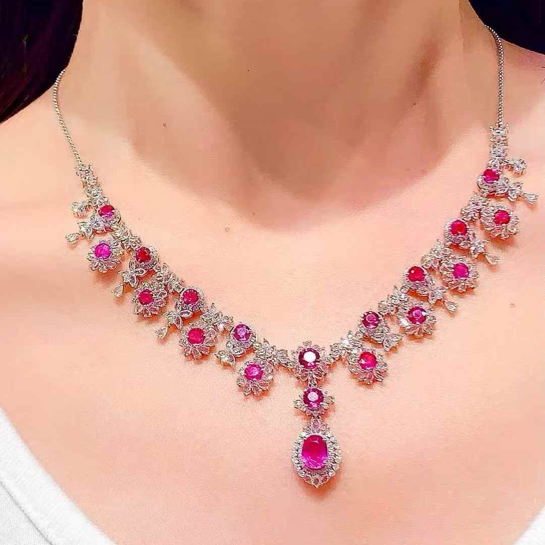 14k Gold 6.8 Ct Natural Ruby & Diamond & Sapphire Necklace - 3