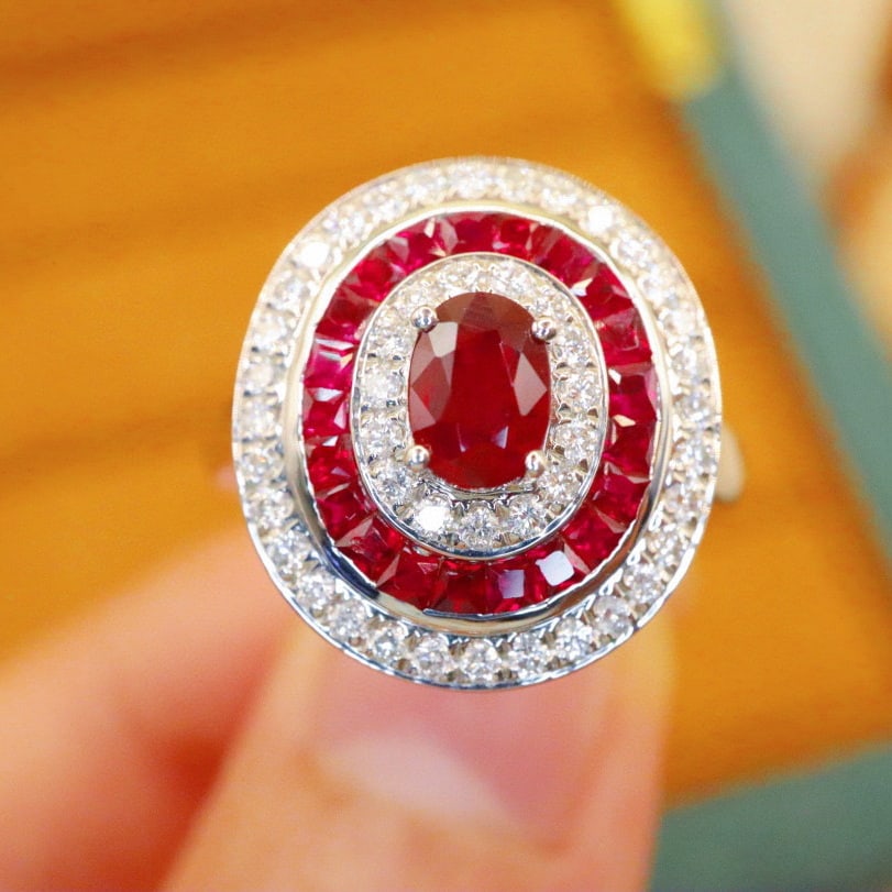 14k Gold 1.32 Ctw Natural Ruby & Diamond Ring: Ref:231081066 // gold content:14k gold // ring size:7. 25us // // main gemstone:ruby // shape:oval // carat weight:0. 85ct // color:pigeonblood red // treatment:natural // // adjacent gemstone 2 :