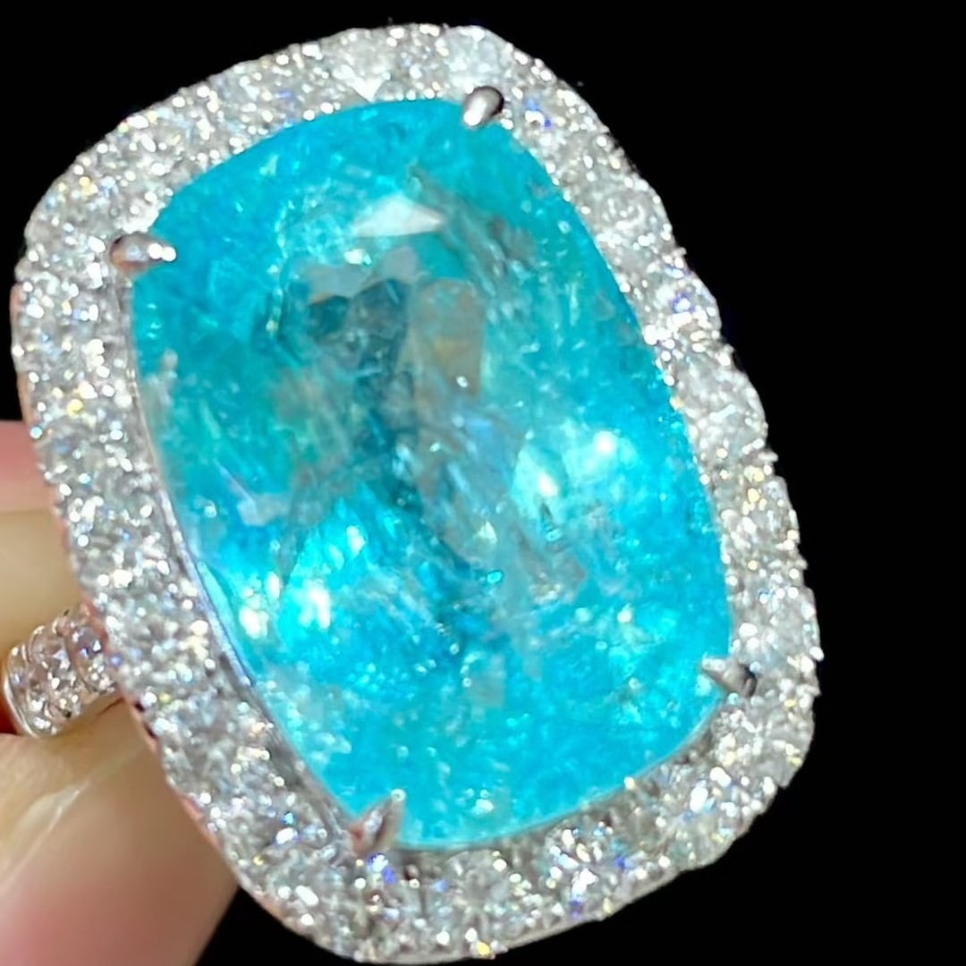 14k Gold 11.9 Ct Natural Paraiba Tourmaline & Diamond Ring - 4