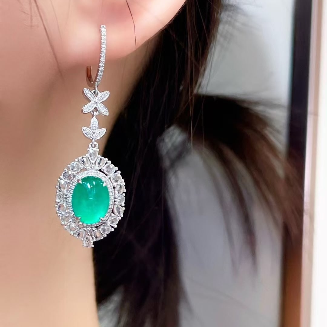 14k Gold 5.5 Ct Natural Emerald & Diamond & Sapphire Earrings - 5