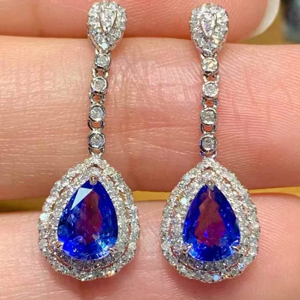 14k Gold 1.6 Ct Natural Sapphire & Diamond Earrings - 5