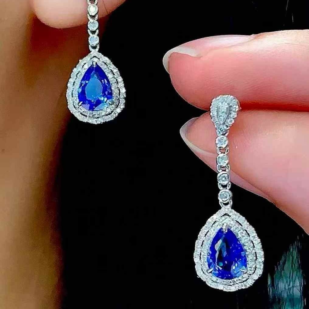 14k Gold 1.6 Ct Natural Sapphire & Diamond Earrings - 6