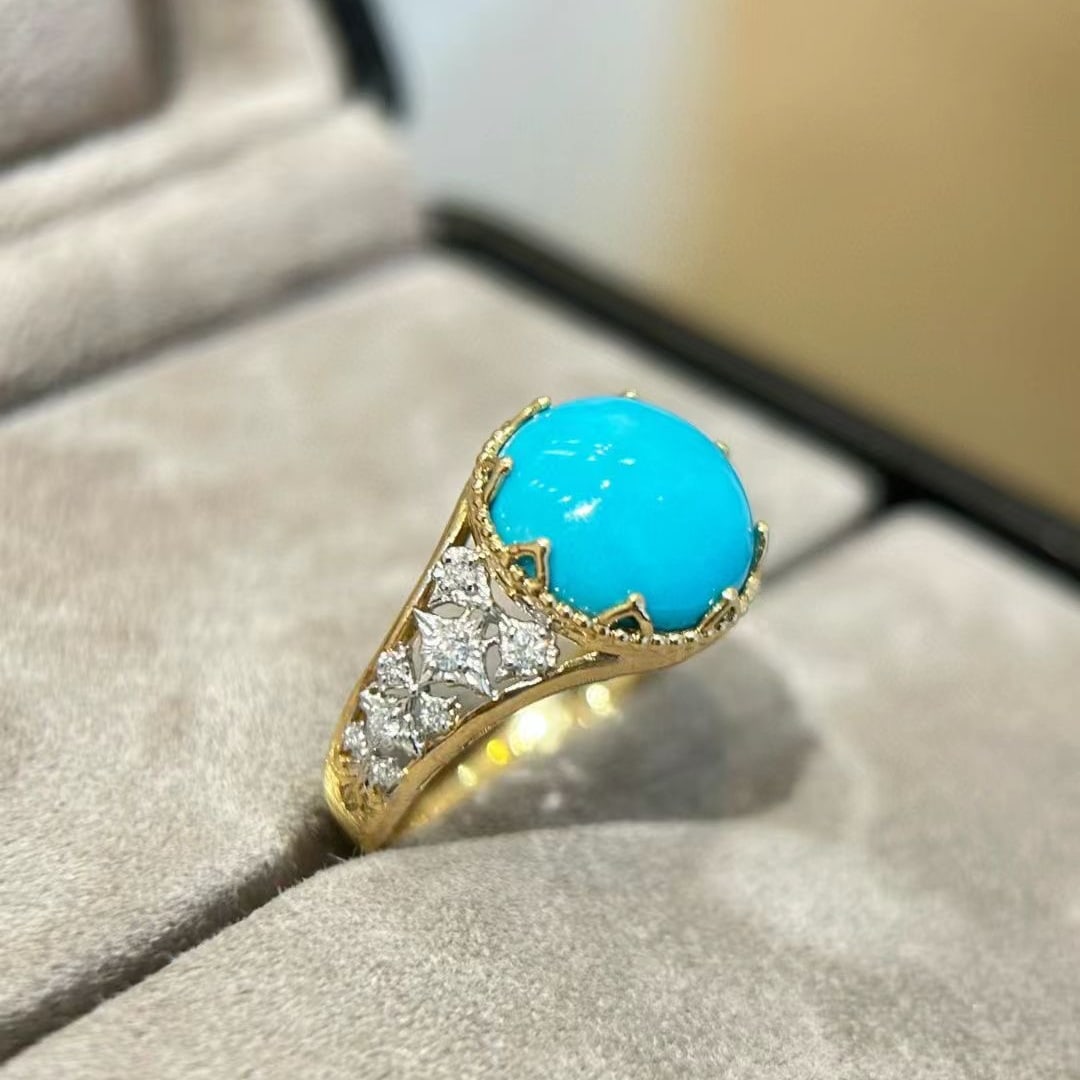 14k Gold 4.80 Ctw Natural Blue Turquoise & Diamond Ring - 2