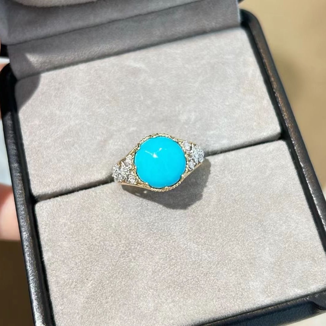14k Gold 4.80 Ctw Natural Blue Turquoise & Diamond Ring - 5