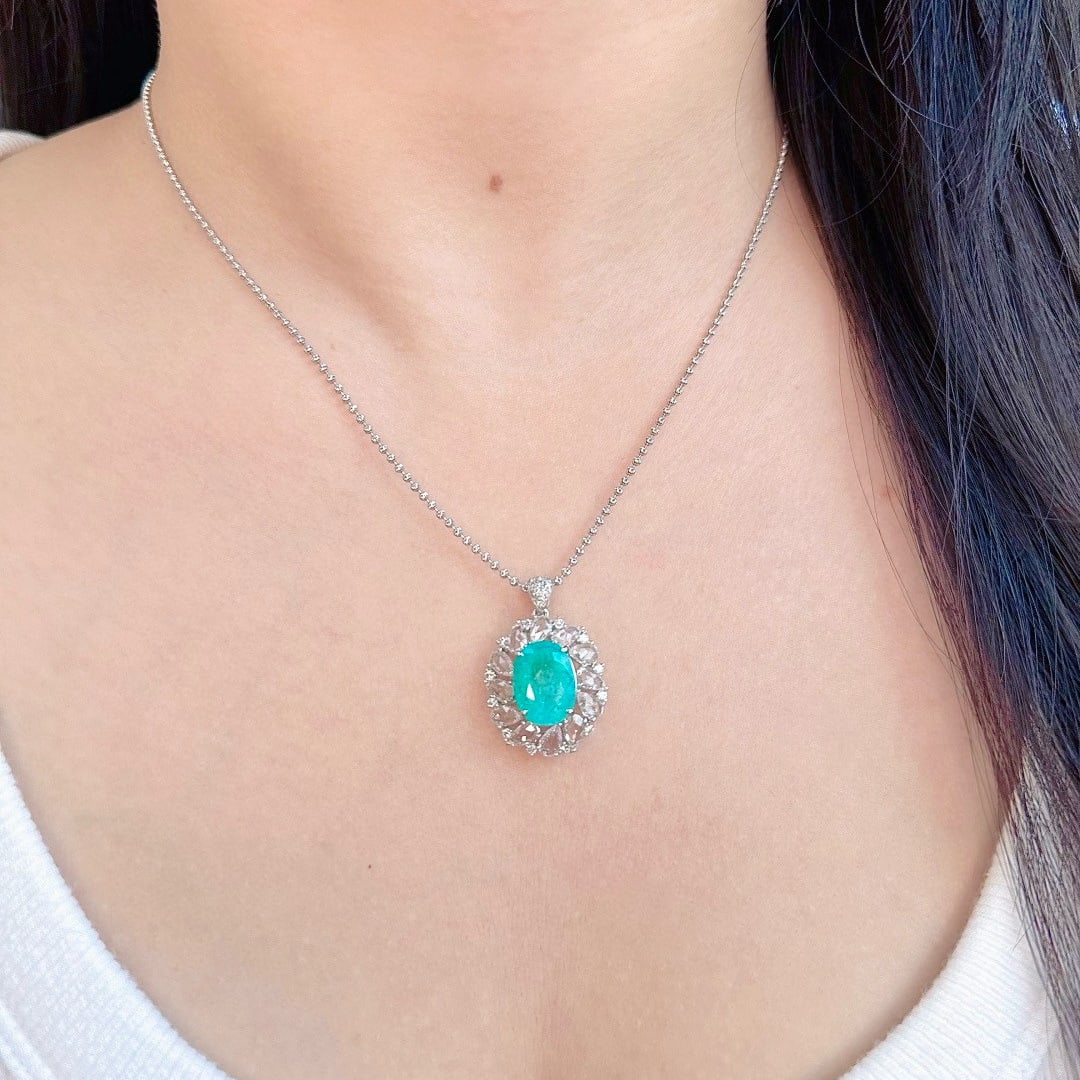 14k Gold 4.85 Ctw Natural Paraiba Tourmaline & Diamond Pendant( Without Chain ) - 2