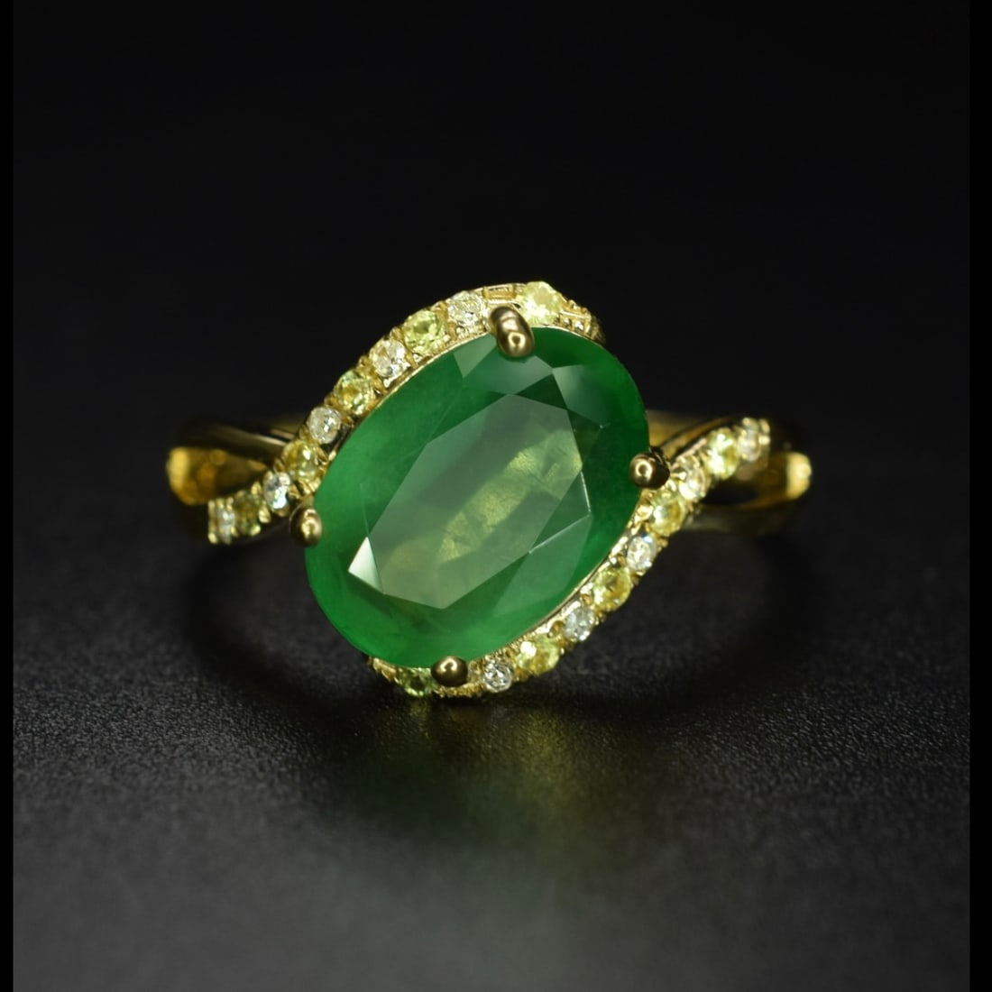 14k Gold 2.59 Ctw Natural Emerald & Diamond Ring: Ref:231082001 // gold content:14k gold // ring size:7. 25us // // main gemstone:emerald // shape:oval // carat weight:2. 51ct // color:green // treatment:natural // // adjacent gemstone 2 : diamond